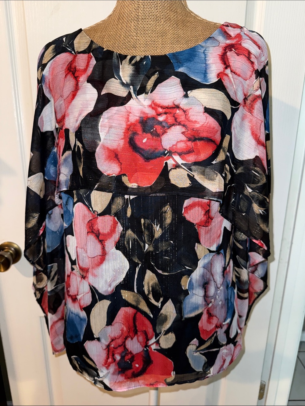 DKNY Sheer Floral Top open shoulder with Black Base and Red-Pink Blooms